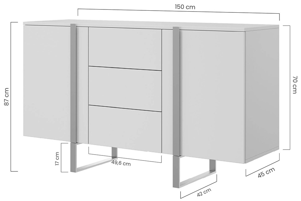 Verica 150 cm-es komód három fiókkal - szivacsos-tölgy / fekete lábak