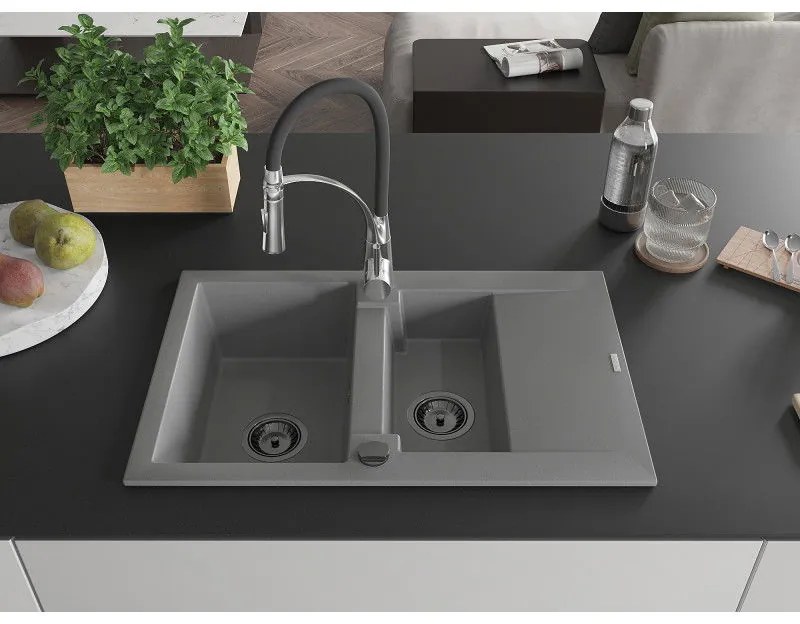 Mexen Gaspar, 1,5-kamrás gránit mosogató 737x475x177 mm és Aster mosogató csaptelep, szürke, 6507-71-73450-07-B