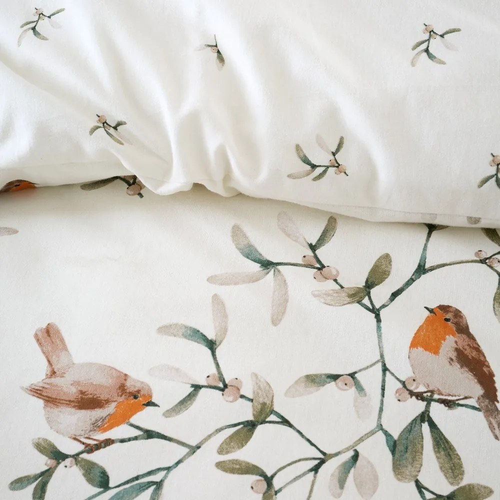 Krémszínű kétszemélyes-hosszabbított flanel ágyneműhuzat 230x220 cm Mistletoe Robins – Catherine Lansfield