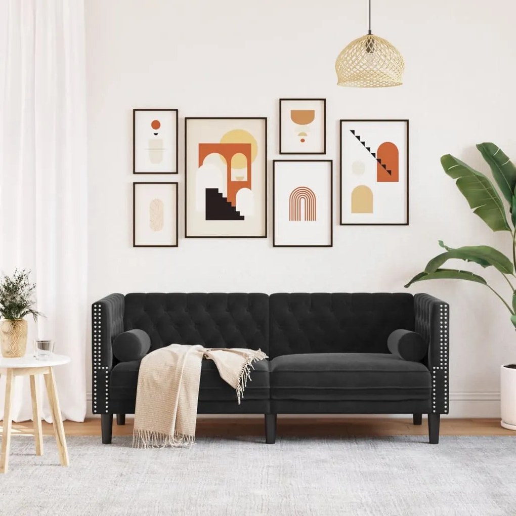 2 személyes fekete bársony Chesterfield kanapé hengerpárnákkal