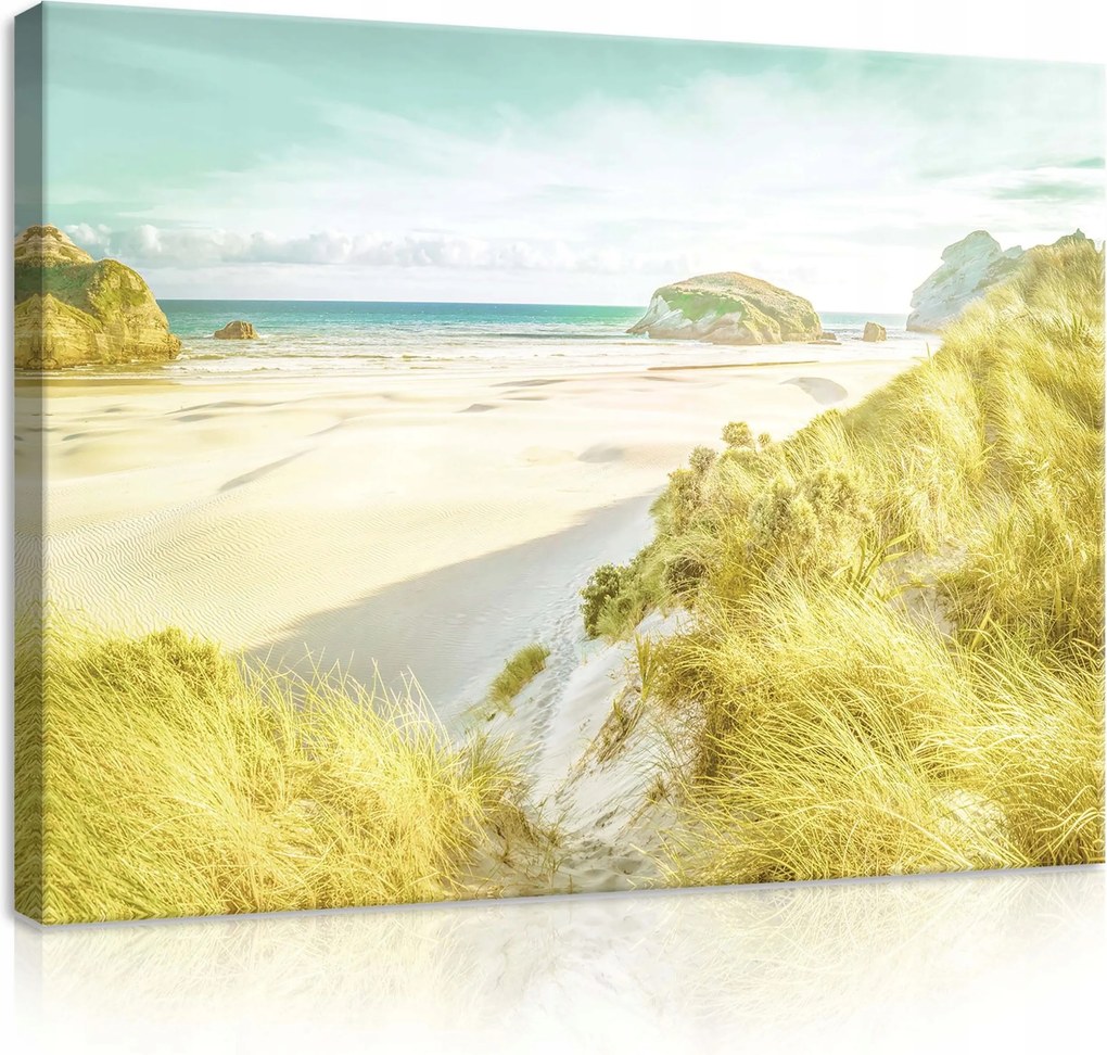 Vászonkép 80x60 Tengerpart homokdűnék sziklák lakatlan nyugalom fény