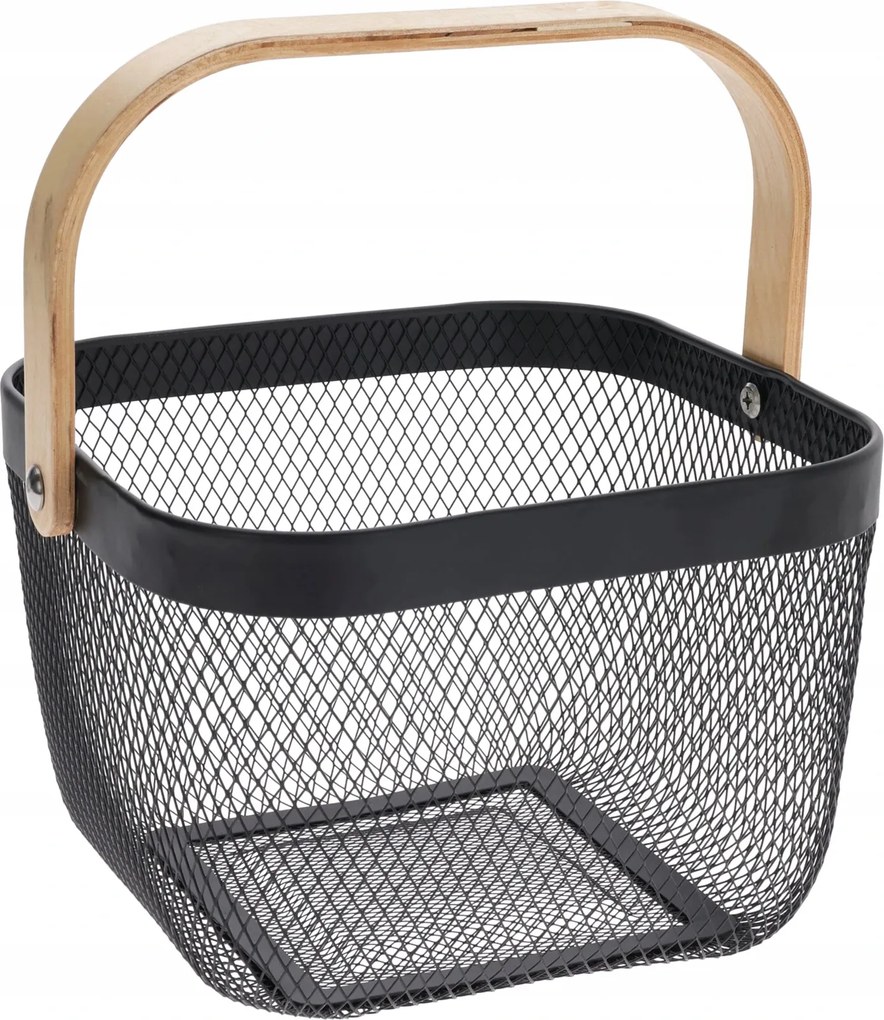 Drótkosár nyírfa fogantyúval, fekete (25x24,5x18 cm)