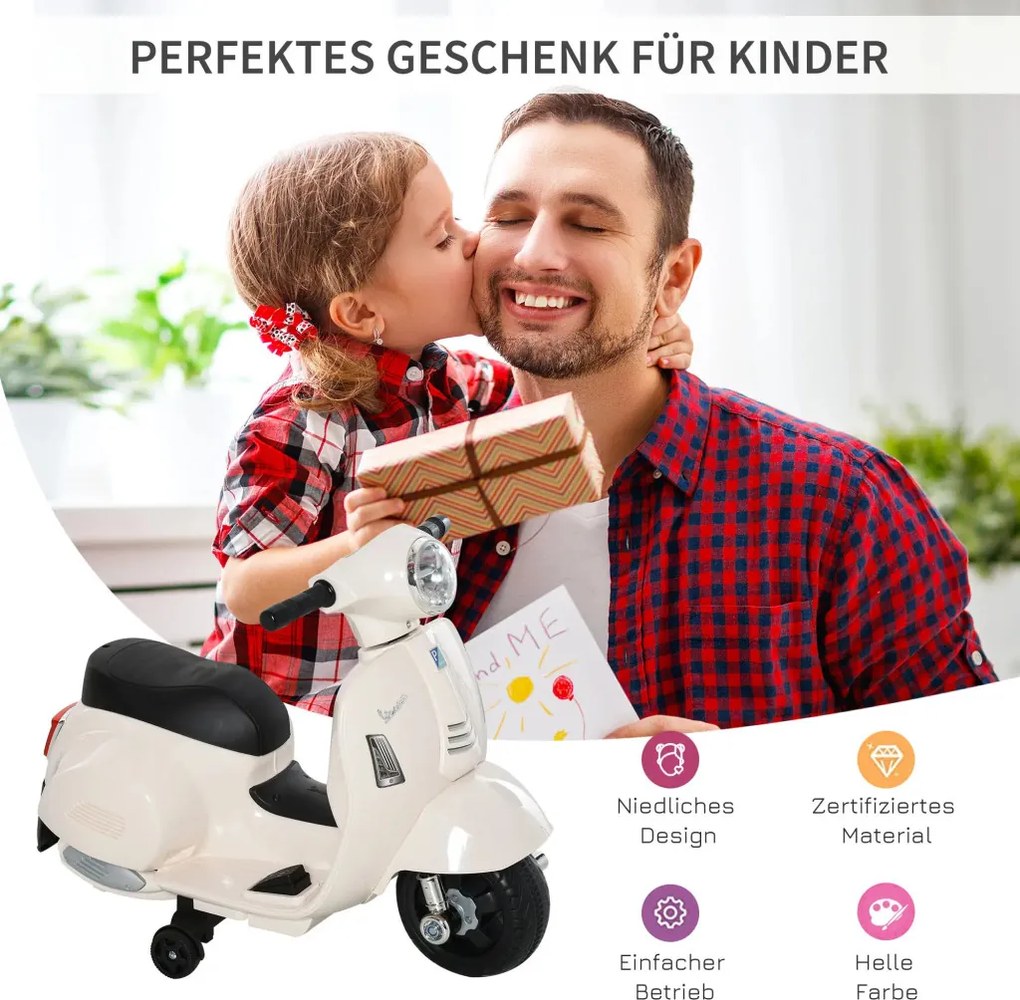 HOMCOM Elektromos gyerekmotor vespa, LED fénnyel, hanggal, 18-36 hónapos korú, fehér