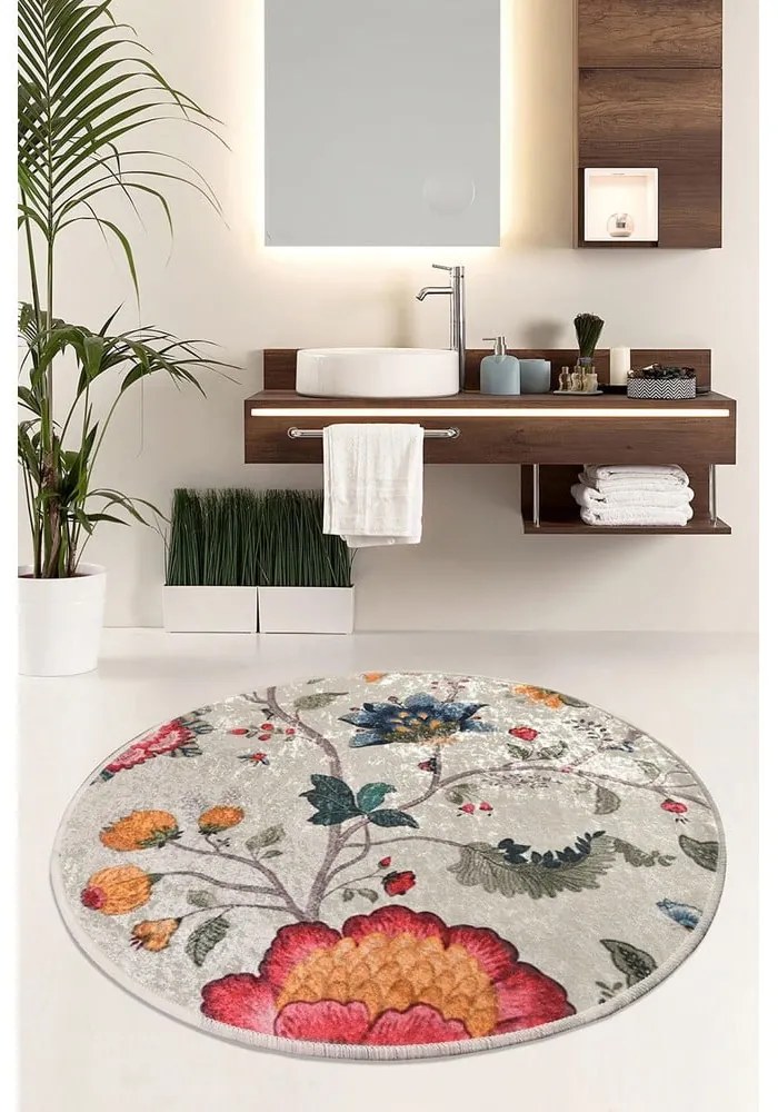 Szürke bársony fürdőszobai kilépő ø 100 cm Vintage Flower – Foutastic