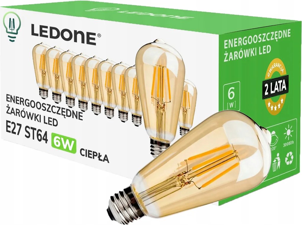 10x Led izzó filament E27 ST64 6W Meleg Vintage füst amber Led szett
