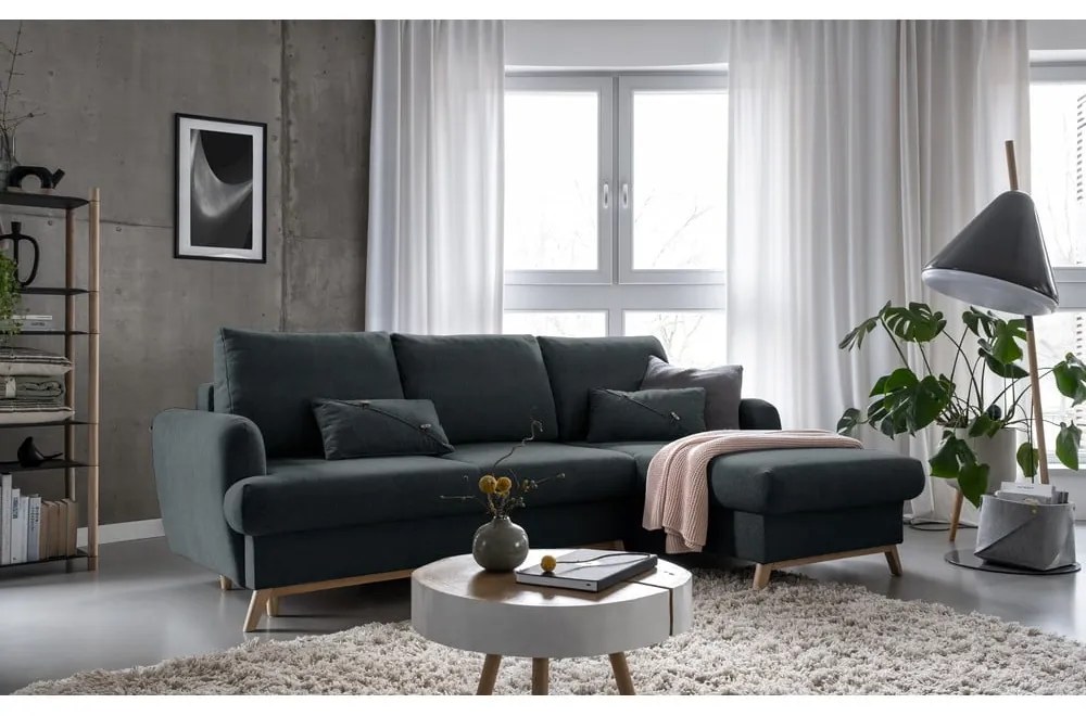 Sötétszürke kinyitható-tárolóhelyes sarokkanapé (jobb oldali-heverő résszel) Scandic Lagom – Miuform