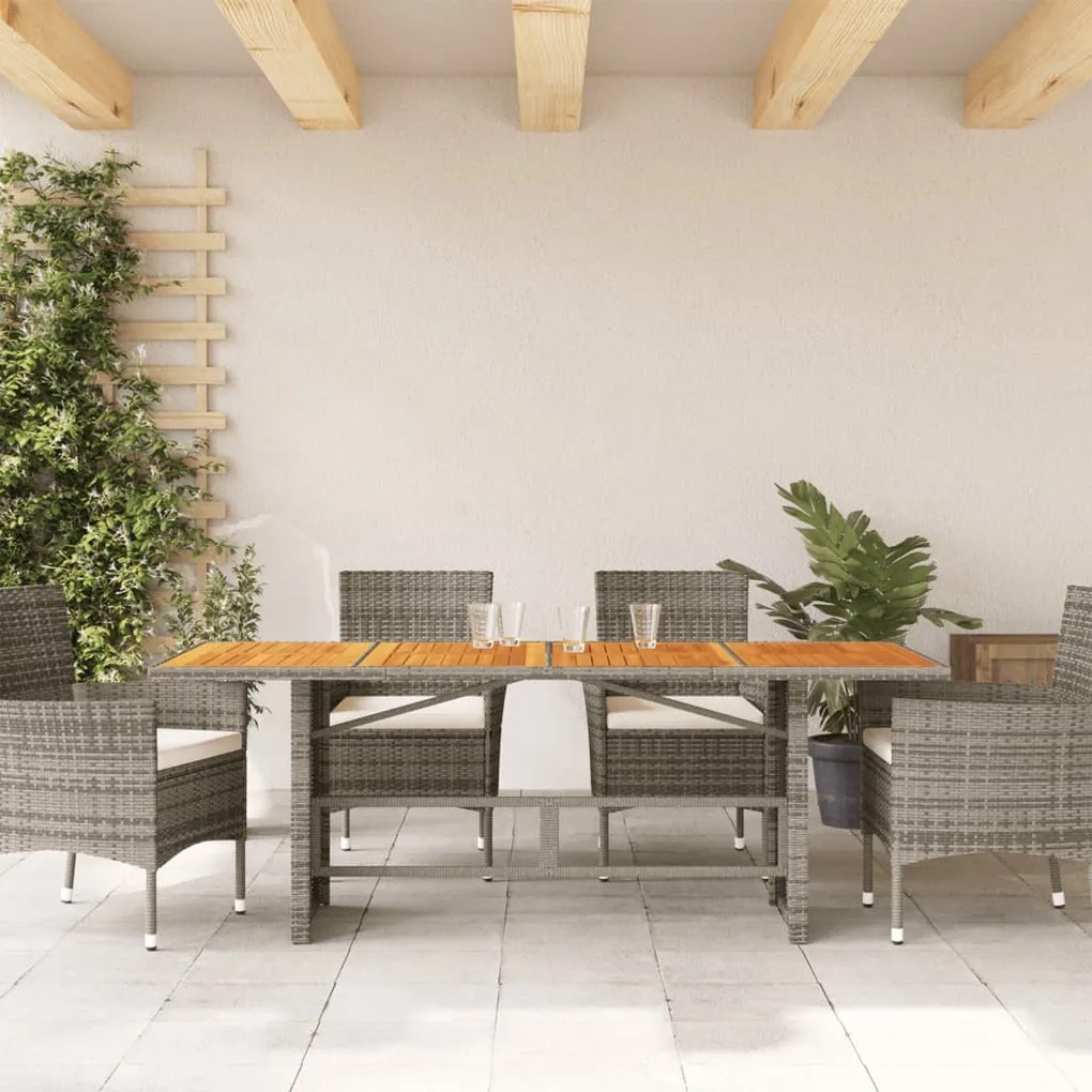 szürke polyrattan kerti asztal akácfa lappal 190 x 80 x 75 cm