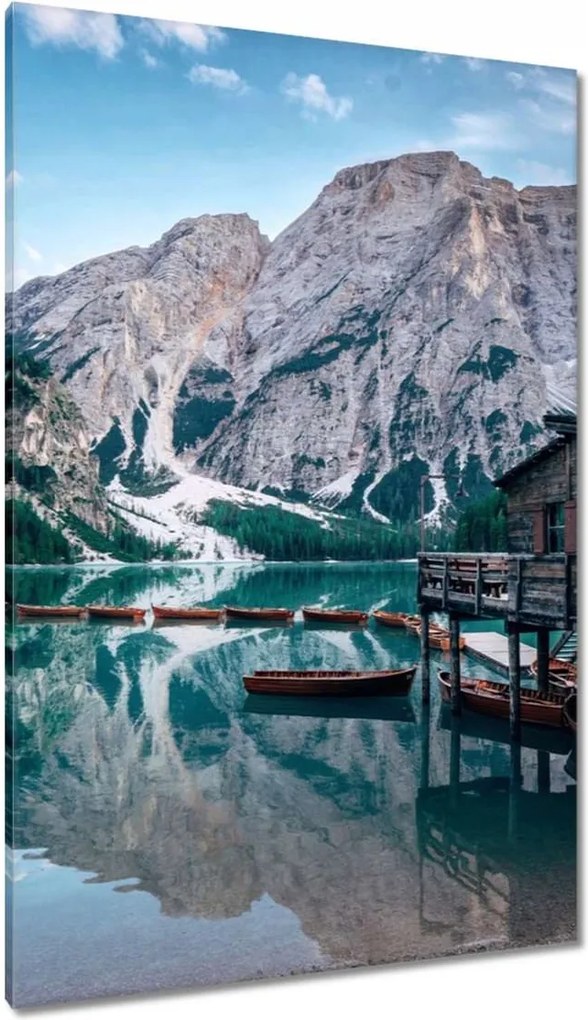 Vászonkép 80x120 Hegyi tó és házikó