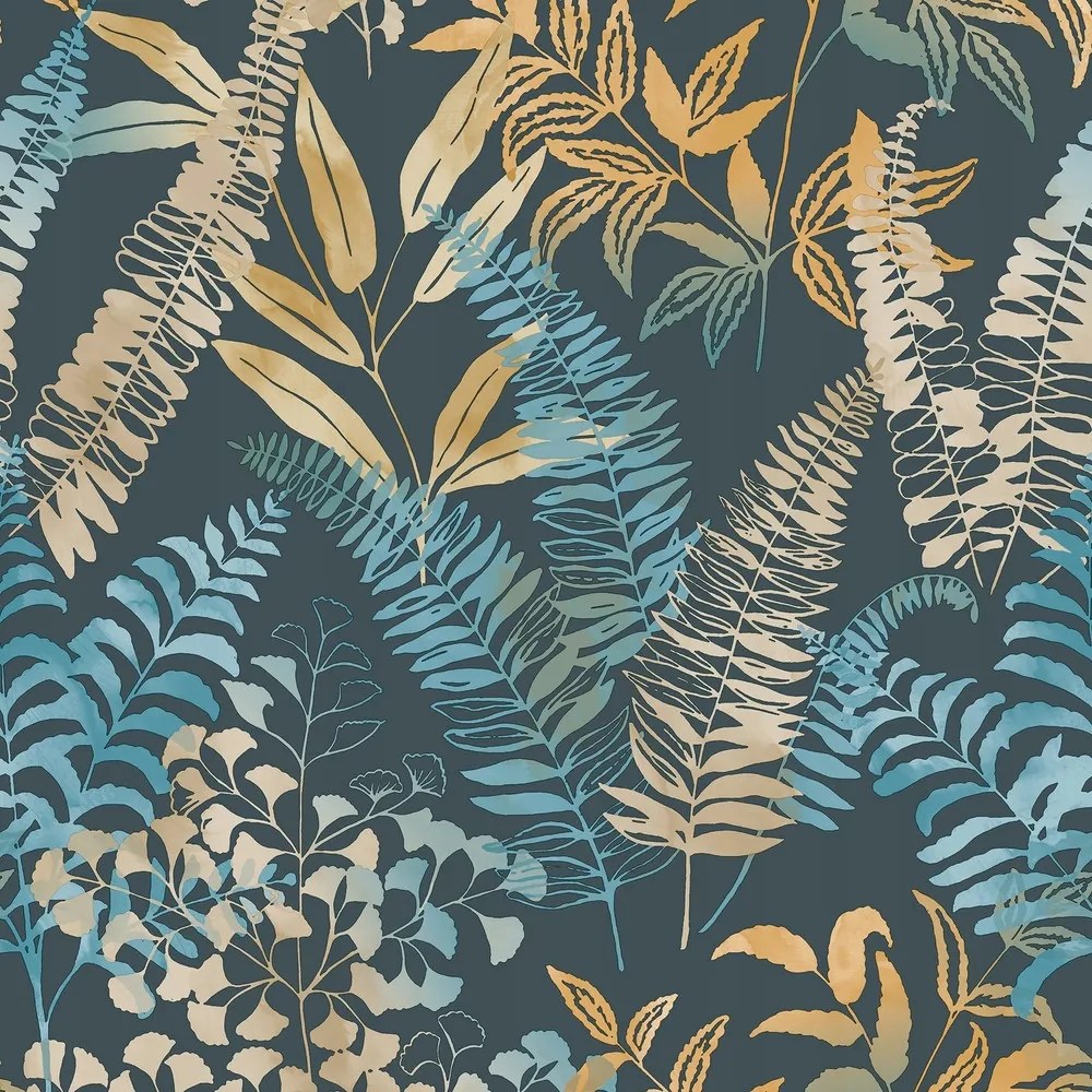 Sötétkék vinil tapéta flizelin sárga kék levelek növény