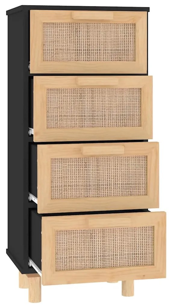 fekete tömör fenyő/természetes rattan tálalószekrény 40x30x90cm