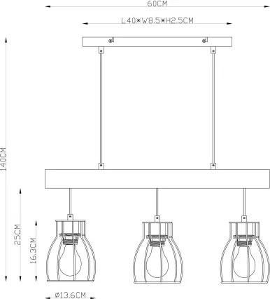 Globo 15326-3N Függeszték fém fekete drótháló búrával, natúr fa betéttel. LxBxH:600x136x2090, exkl. 3xE27 40W 230V