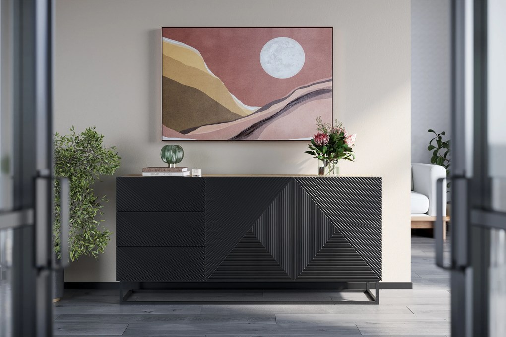 Asha komód 167 cm kétajtós fiókos - artisan / matt fekete / fekete vázas