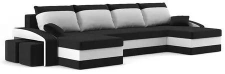 SPARTAN U alakú kinyitható kanapé két puffal Fekete-fehér