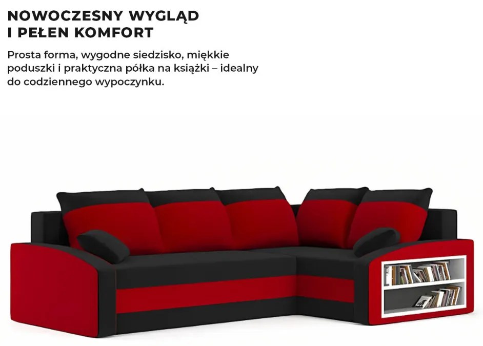 Grande sarokkanapé polcokkal , polc a jobb karfaban, jobboldali, szövet anyag, hab töltet, fekete - piros
