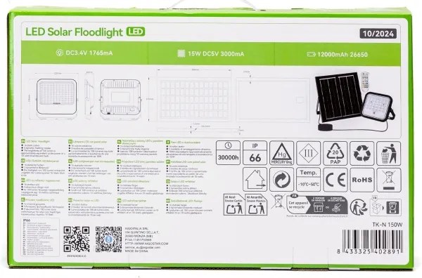 Aigostar - LED RGBW állítható szolár reflektor 150W, 3,4V, IP66 + DO
