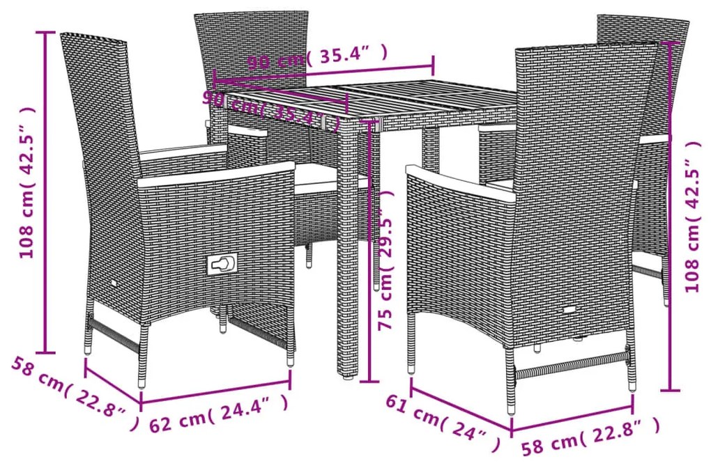 5 részes fekete polyrattan kerti étkezőgarnitúra párnákkal