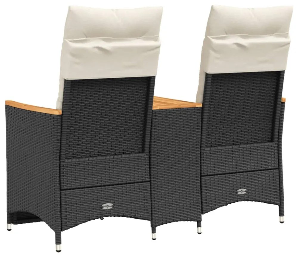 2 személyes fekete polyrattan dönthető kerti kanapé asztallal