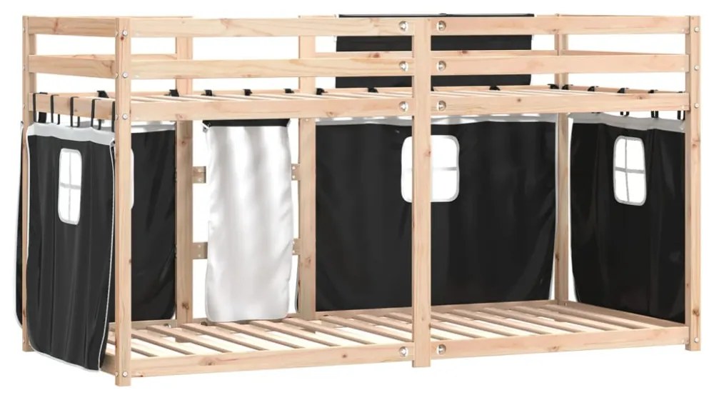 fehér/fekete tömör fenyőfa emeletes ágy függönyökkel 90x190 cm