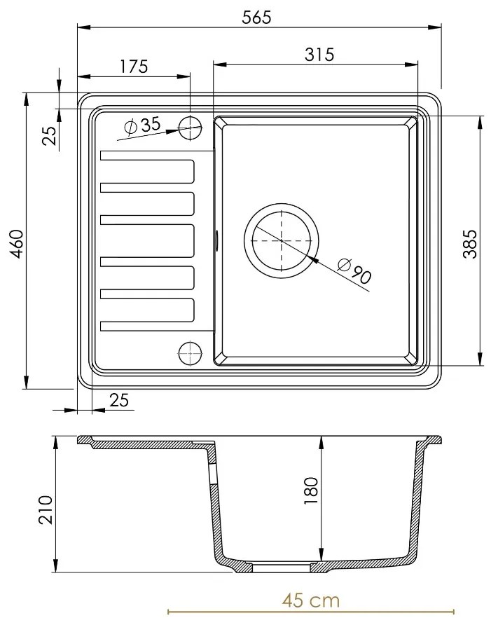 Mosogató Quality Sapphire, gránit konyhai mosogató 565x460x180 mm + kézi szifon, 1 kamrás, fehér, SKQ-SAP.W.1KKO.X