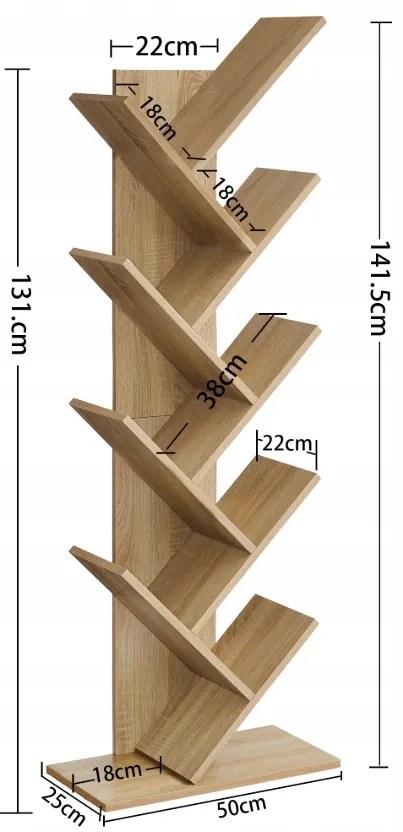 EXEL fa alakú könyvespolc sonoma tölgy dekorációval, 141x50cm
