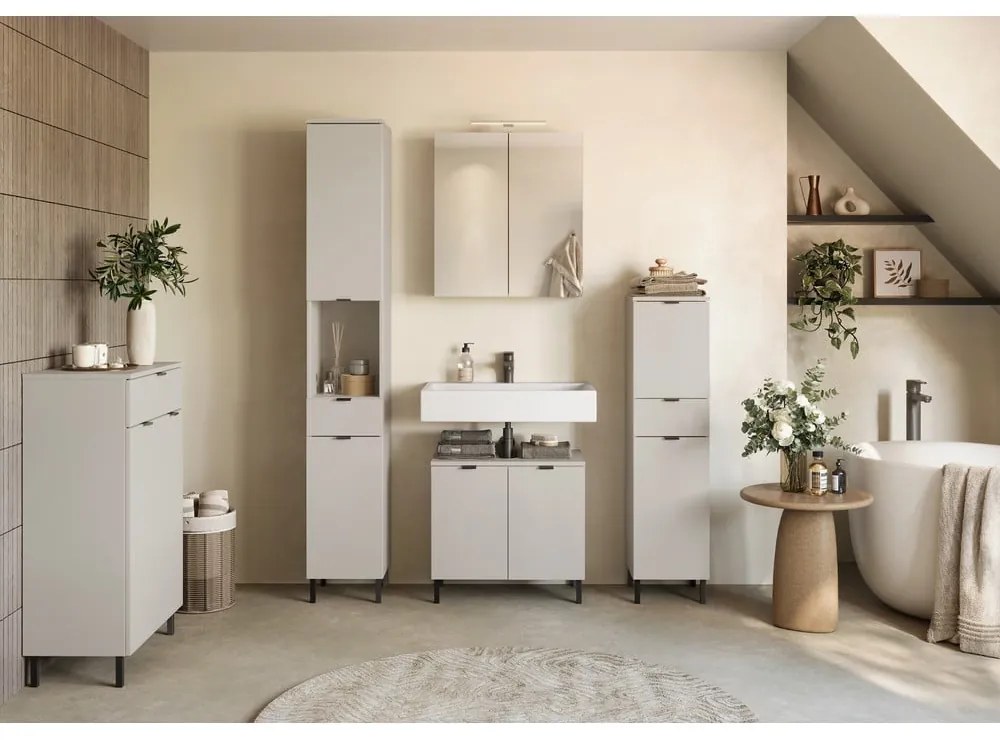 Krémszínű fali tükrös fürdőszoba szekrény 60x71 cm Arcena – Germania