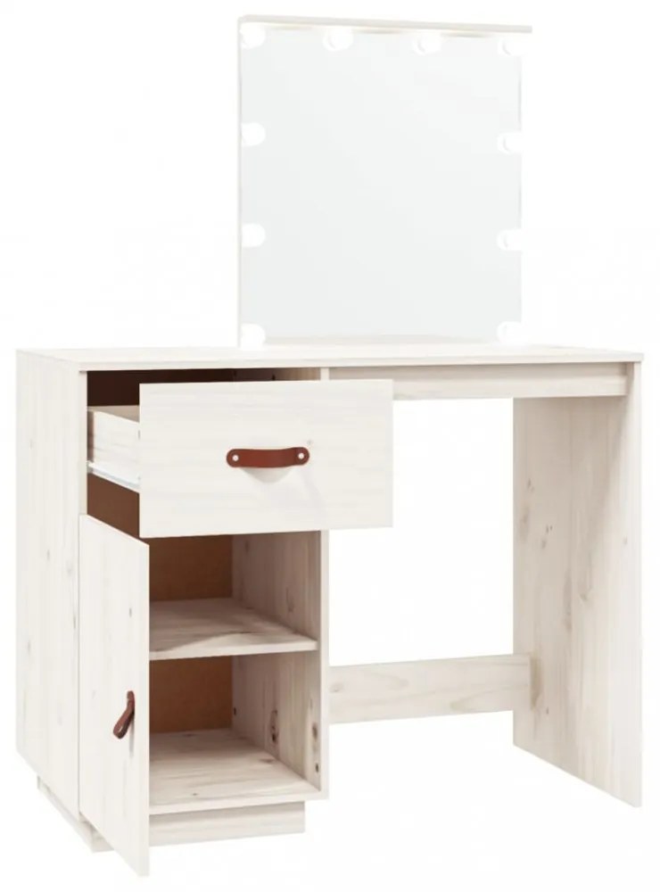 fehér tömör fenyőfa fésülködőasztal LED-del 95 x 50 x 133,5 cm