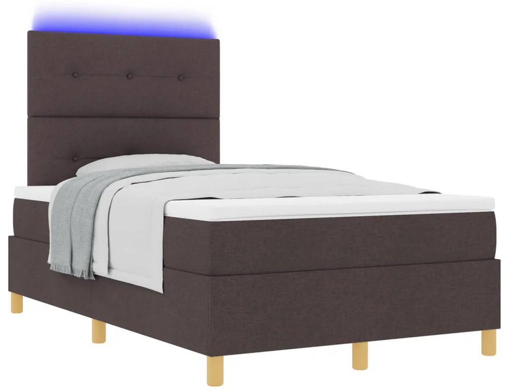 Box Spring ágy matraccal és LED világítással, sötétbarna 120x190 cm szövet