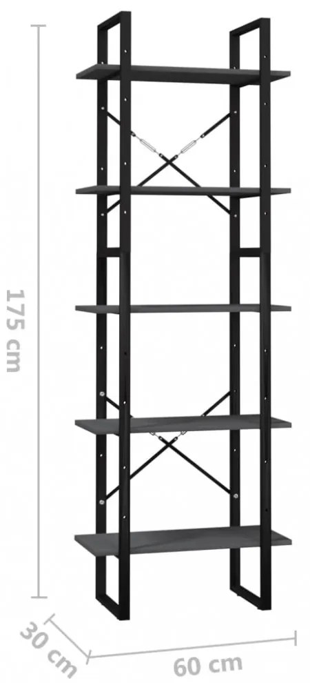 ötszintes szürke fenyőfa könyvszekrény 60 x 30 x 175 cm