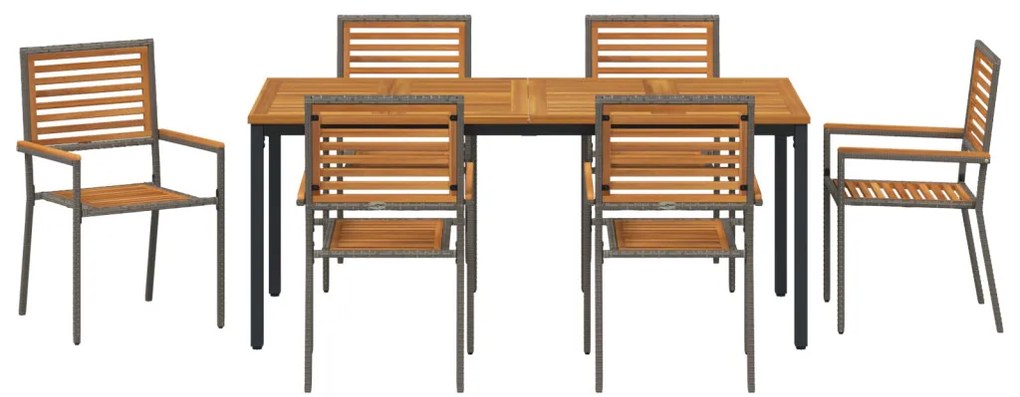 7 Darabos Kert Étkező Szett Szürke Polyrattan Akác, Összeépíthető Kerti Székek Párnákkal 2 db Szürke Polyrattan, Kerti Asztal 180x90x75 cm Szilárd Akác Fa és Fém