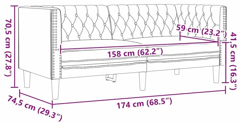 Chesterfield kanapé Argyle Fekete 174 x 74.5 x 70.5 cm Műbőr