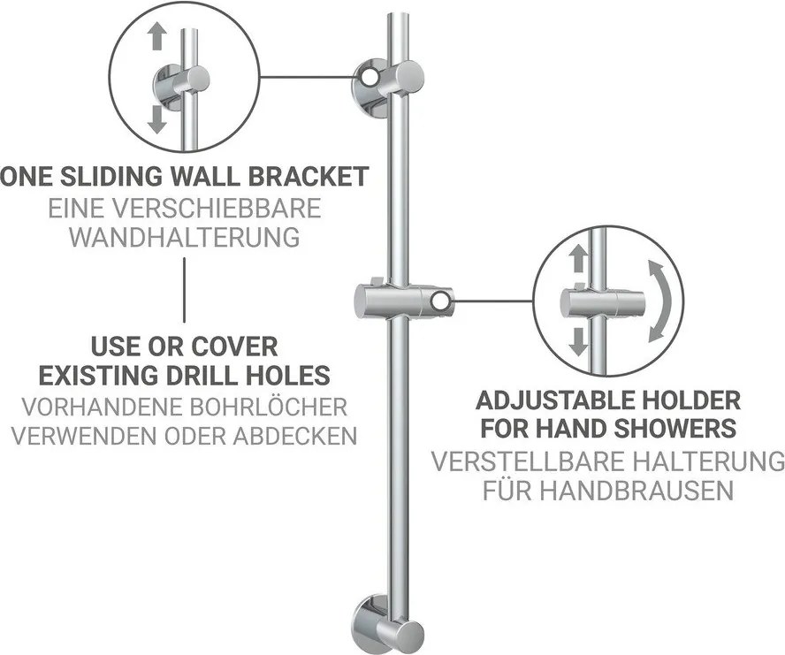 Fényes ezüstszínű öntapadós rozsdamentes acél zuhanytartó tolható tartóval 70 cm – Wenko