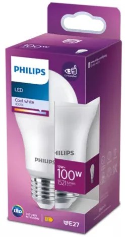 Philips A60 E27 LED körte fényforrás, 13W=100W, 4000K, 1521 lm, 150°, 220-240V