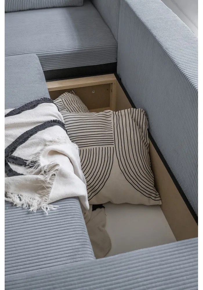 Világosszürke kordbársony kinyitható sarokkanapé (variálható) Brave Dave – Miuform