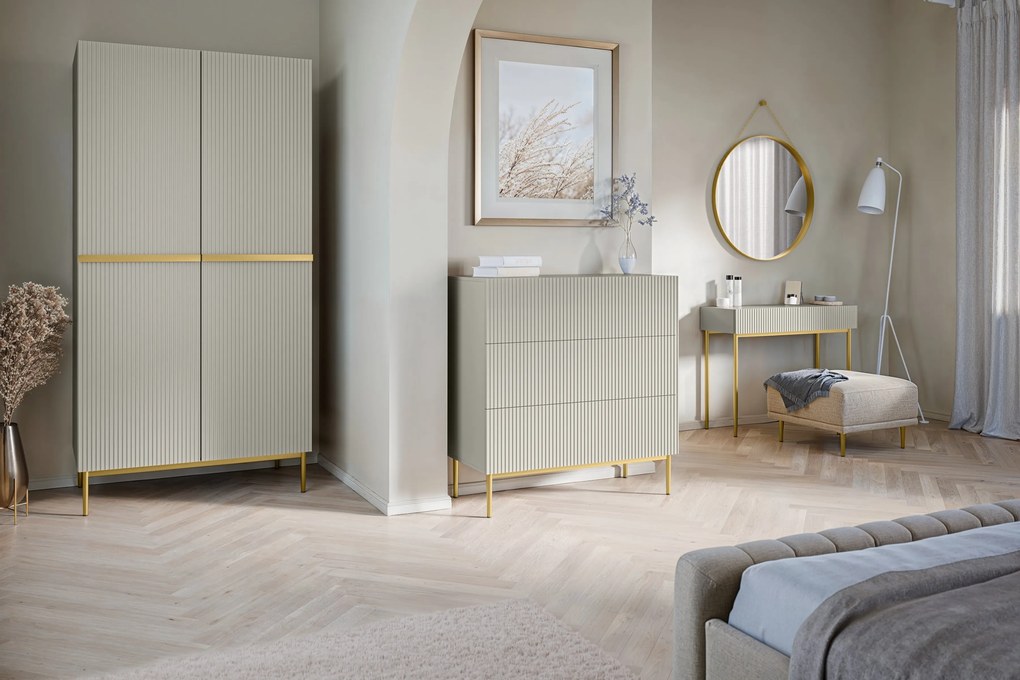 Nicole komód 100 cm fiókokkal, bordázott előlap - kasmír / arany lábak