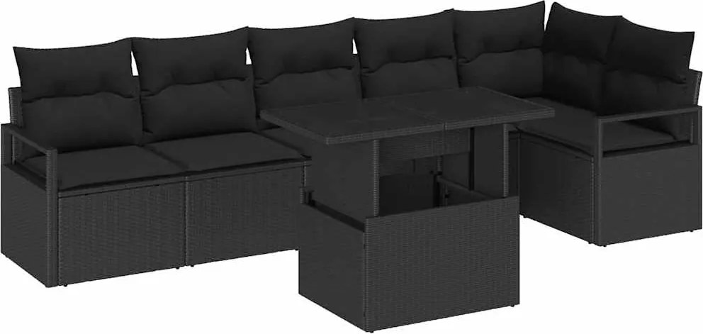 vidaXL Kerti Kanapé Szett tárolóval 7 pcs Fekete polirattan