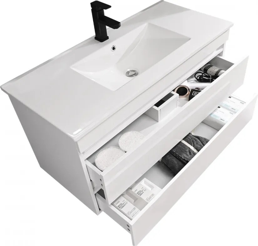 Cube 100 alsó fürdőszobabútor kerámia mosdóval 2 fiókos, magasfényű festett fehér