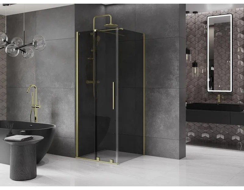 Mexen Velar, tolóajtós zuhanykabin 120 x 120 cm, 8mm szürke üveg, arany matt, 871-120-120-41-55