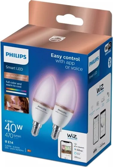 2 db-os Philips SMART RGB LED izzó szett, dimmelhető C37 E14/4,9W/230V 2200-6500K