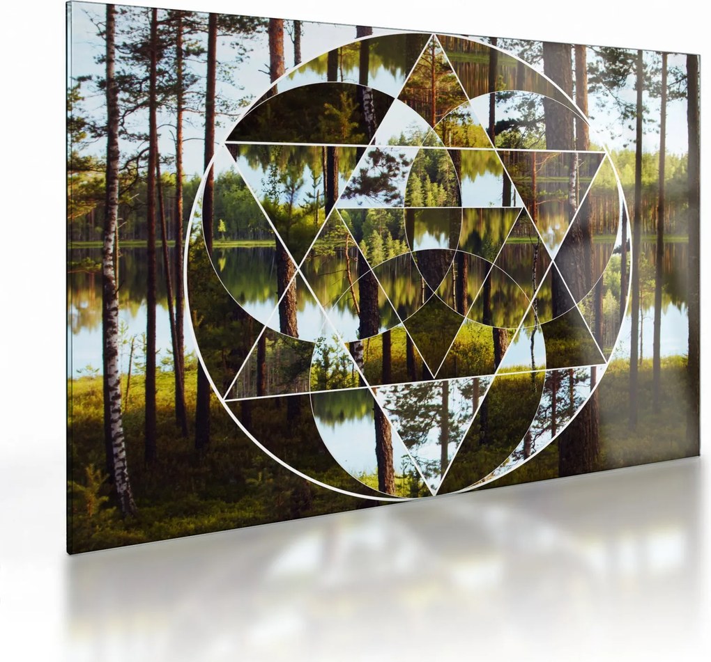 Kép - Geometrikus kollázs a skandináv erdők hátterében (üvegen) (70x50 cm)