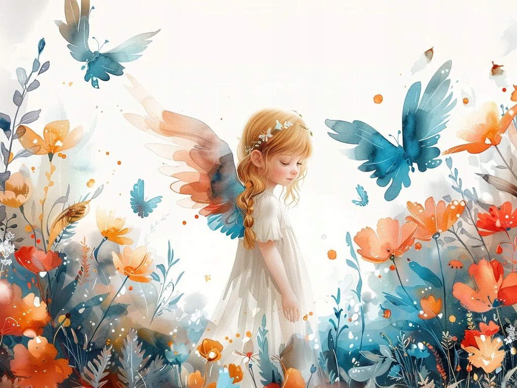 Vászonkép Canvas Lány Angyal Tündér Virágok Pillangók 100x75