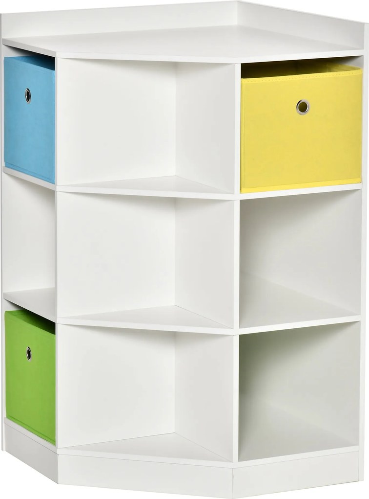 HOMCOM Gyermek Polc Sarokpolc 3 Tárolódobozzal Gyerek Szoba Játék Tároló 3-12 Éves Gyerekeknek Fehér 57,4 x 57,4 x 94 cm | Aosom