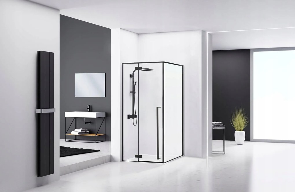 Rea Fargo, zuhanykabin lengőajtókkal 90 (ajtó) x 90 (fal) x 195 cm, 6mm átlátszó üveg, fekete profil + fehér Savoy zuhanytálca, KPL-K6318