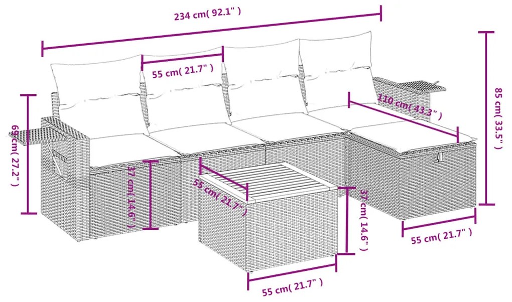 6 részes fekete polyrattan kerti ülőgarnitúra párnákkal