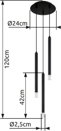 Globo 15629-3 Függeszték fém fekete matt, akril szaténozott, átlátszó, fekete PVC kábel, ø: 240mm, M: 1200mm, 3x G9 LED 4W 230V izzók nélkül
