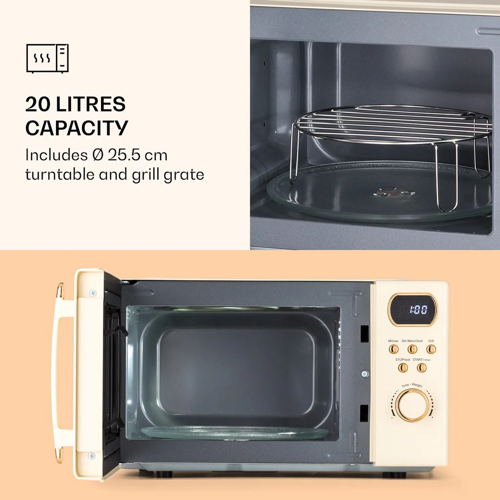 Klarstein Julieta, mikrohullámú sütő grillel, 20 l, 700 / 800 W, Ø 25,5 cm, 8 program