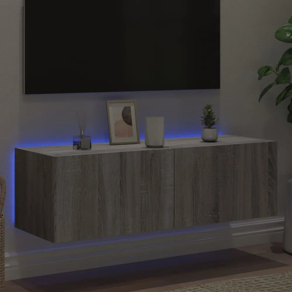szürke sonoma színű fali TV-szekrény LED-ekkel 100 x 35 x 31 cm