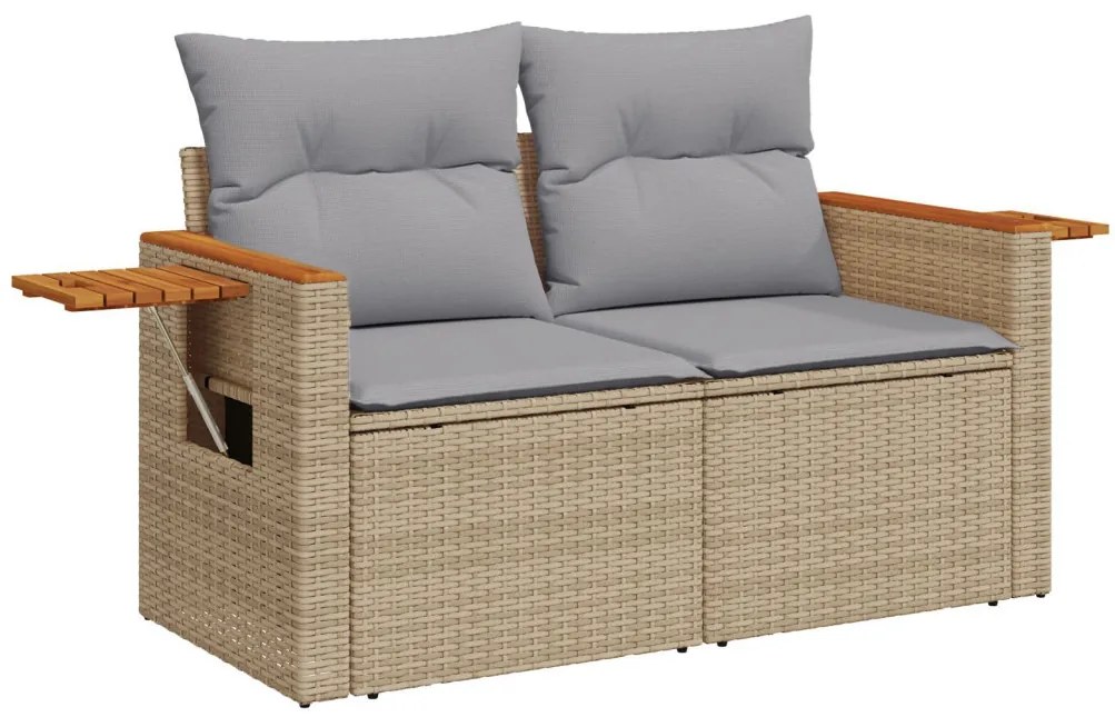 9 darabos kerti kanapé szett párnákkal Bézs Rattan Akác, 3 darabos kerti étkező szett párnákkal Bézs Rattan Akác