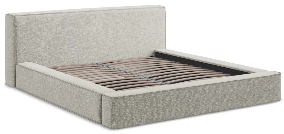 Világosszürke kárpitozott ágyneműtartós franciaágy ágyráccsal 160x200 cm Noho – Makamii