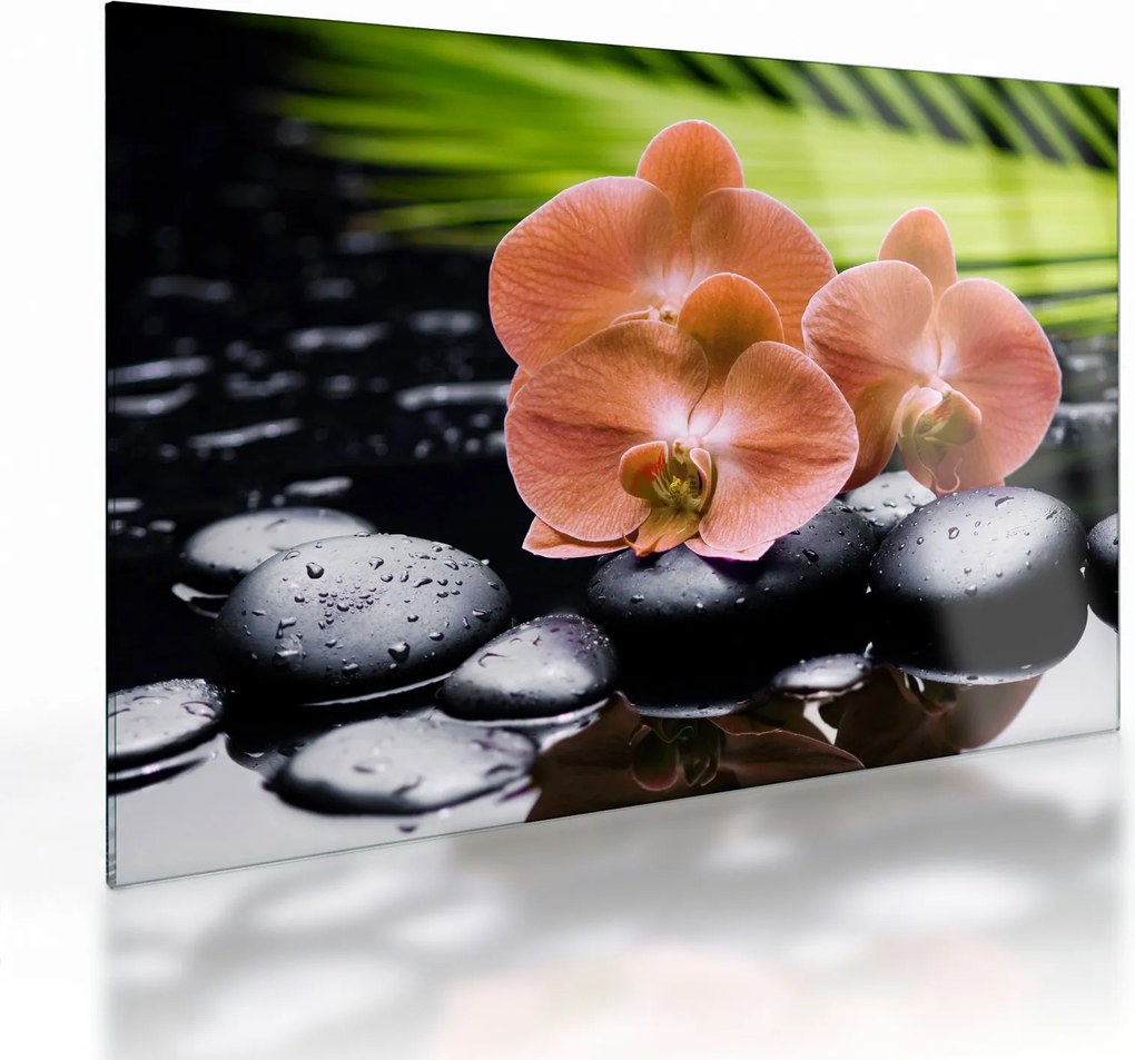 Üveg kép - Narancssárga orchidea pálmalevelekkel (70x50 cm)