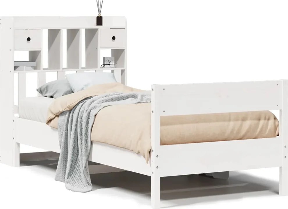 vidaXL fehér tömör fenyőfa könyvespolcos ágy matrac nélkül 90 x 190 cm
